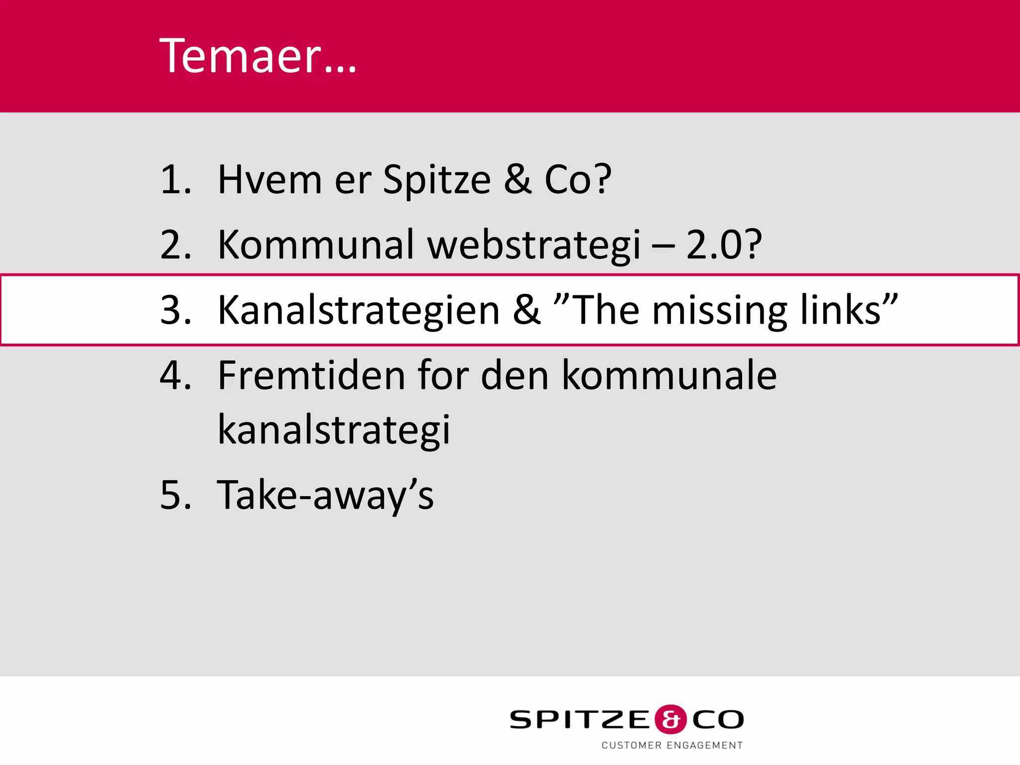 Temaer…

1. Hvem er Spitze & Co?
2. Kommunal webstrategi – 2.0?
3. Kanalstrategien & ”The missing links”
4. Fremtiden for den kommunale
   kanalstrategi
5. Take-away’s
 
