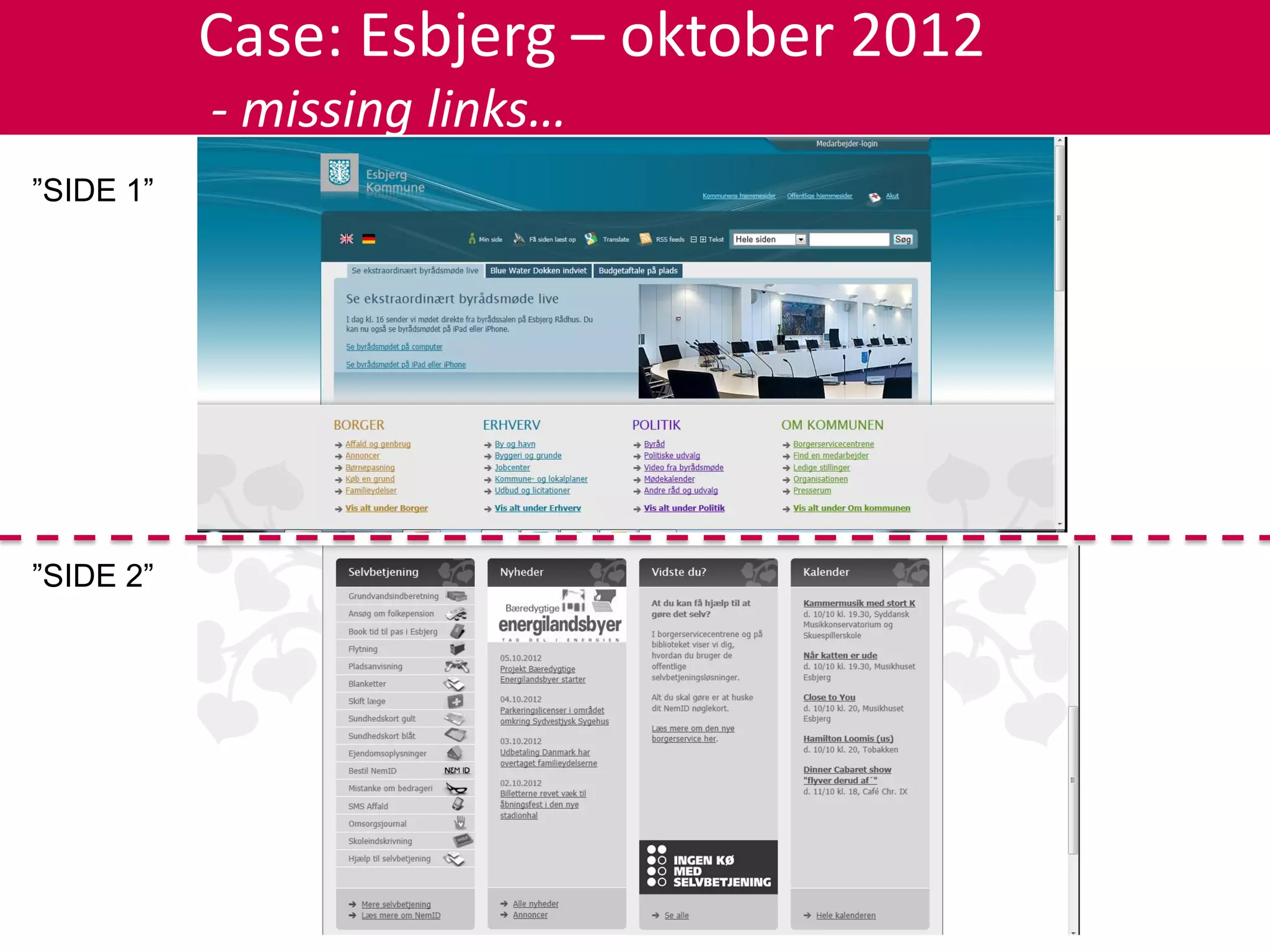Case: Esbjerg – oktober 2012
           - missing links…
”SIDE 1”




”SIDE 2”
 
