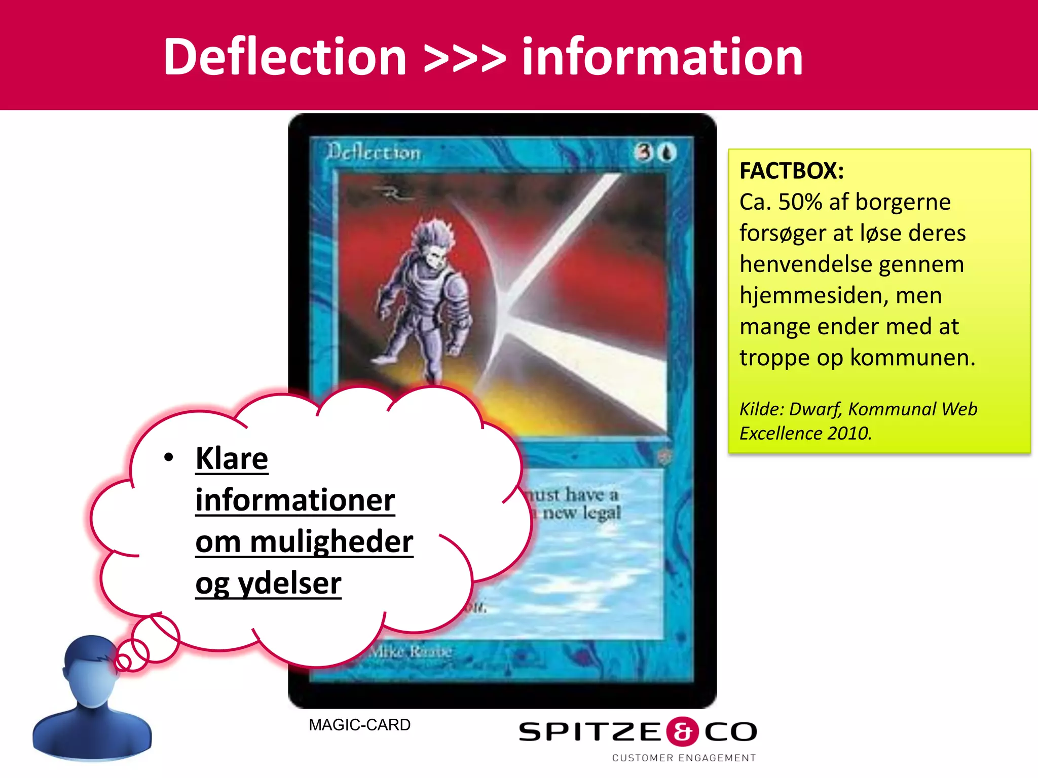 Deflection >>> information
                       FACTBOX:
                       Ca. 50% af borgerne
                       forsøger at løse deres
                       henvendelse gennem
                       hjemmesiden, men
                       mange ender med at
                       troppe op kommunen.
                       Kilde: Dwarf, Kommunal Web
                       Excellence 2010.
• Klare
  informationer
  om muligheder
  og ydelser


        MAGIC-CARD
 