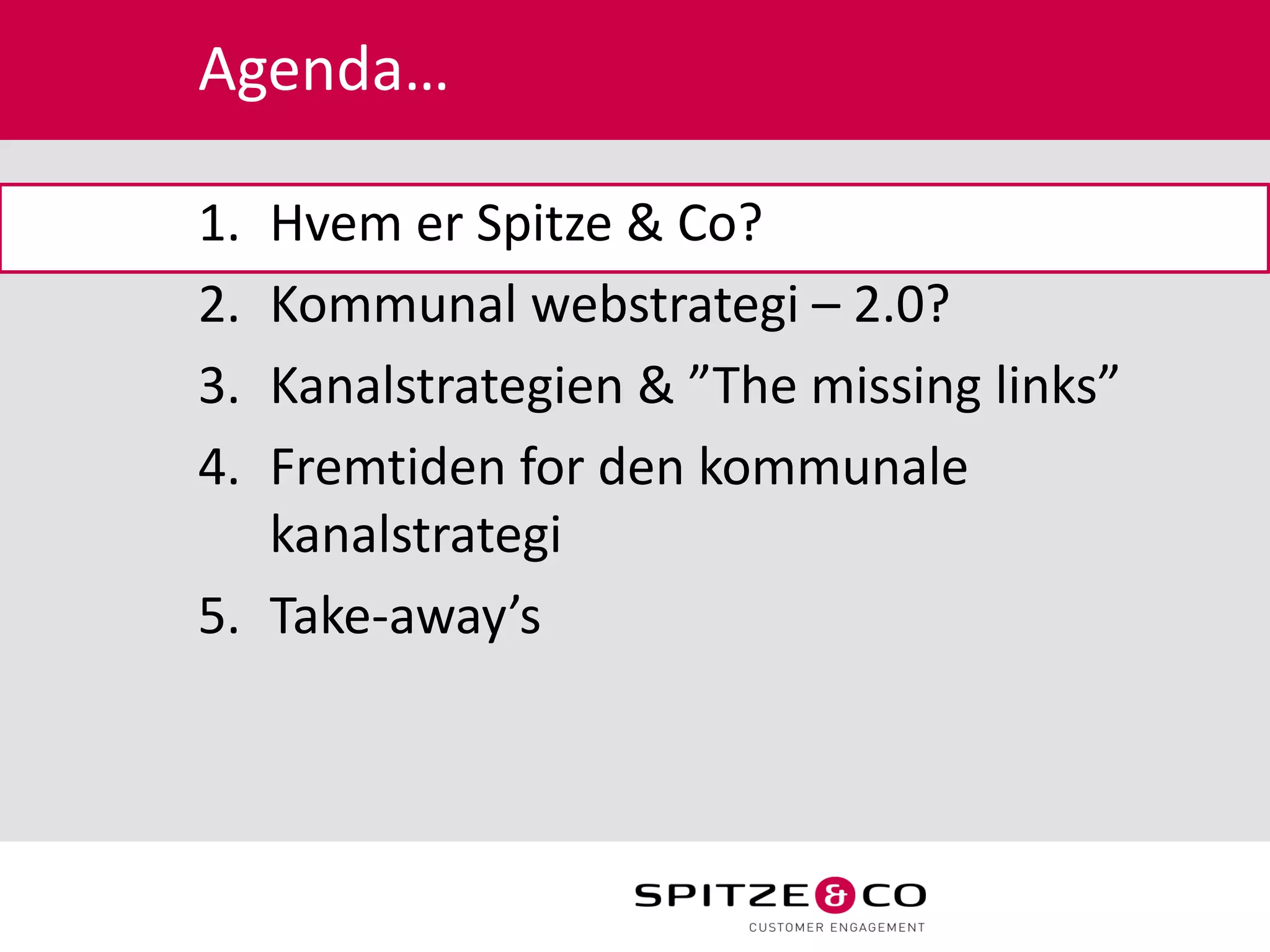 Agenda…

1. Hvem er Spitze & Co?
2. Kommunal webstrategi – 2.0?
3. Kanalstrategien & ”The missing links”
4. Fremtiden for den kommunale
   kanalstrategi
5. Take-away’s
 