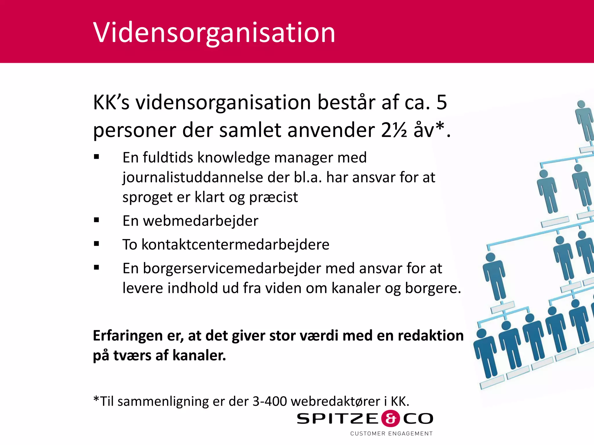 Vidensorganisation

KK’s vidensorganisation består af ca. 5
personer der samlet anvender 2½ åv*.
   En fuldtids knowledge manager med
    journalistuddannelse der bl.a. har ansvar for at
    sproget er klart og præcist
   En webmedarbejder
   To kontaktcentermedarbejdere
   En borgerservicemedarbejder med ansvar for at
    levere indhold ud fra viden om kanaler og borgere.

Erfaringen er, at det giver stor værdi med en redaktion
på tværs af kanaler.

*Til sammenligning er der 3-400 webredaktører i KK.
 