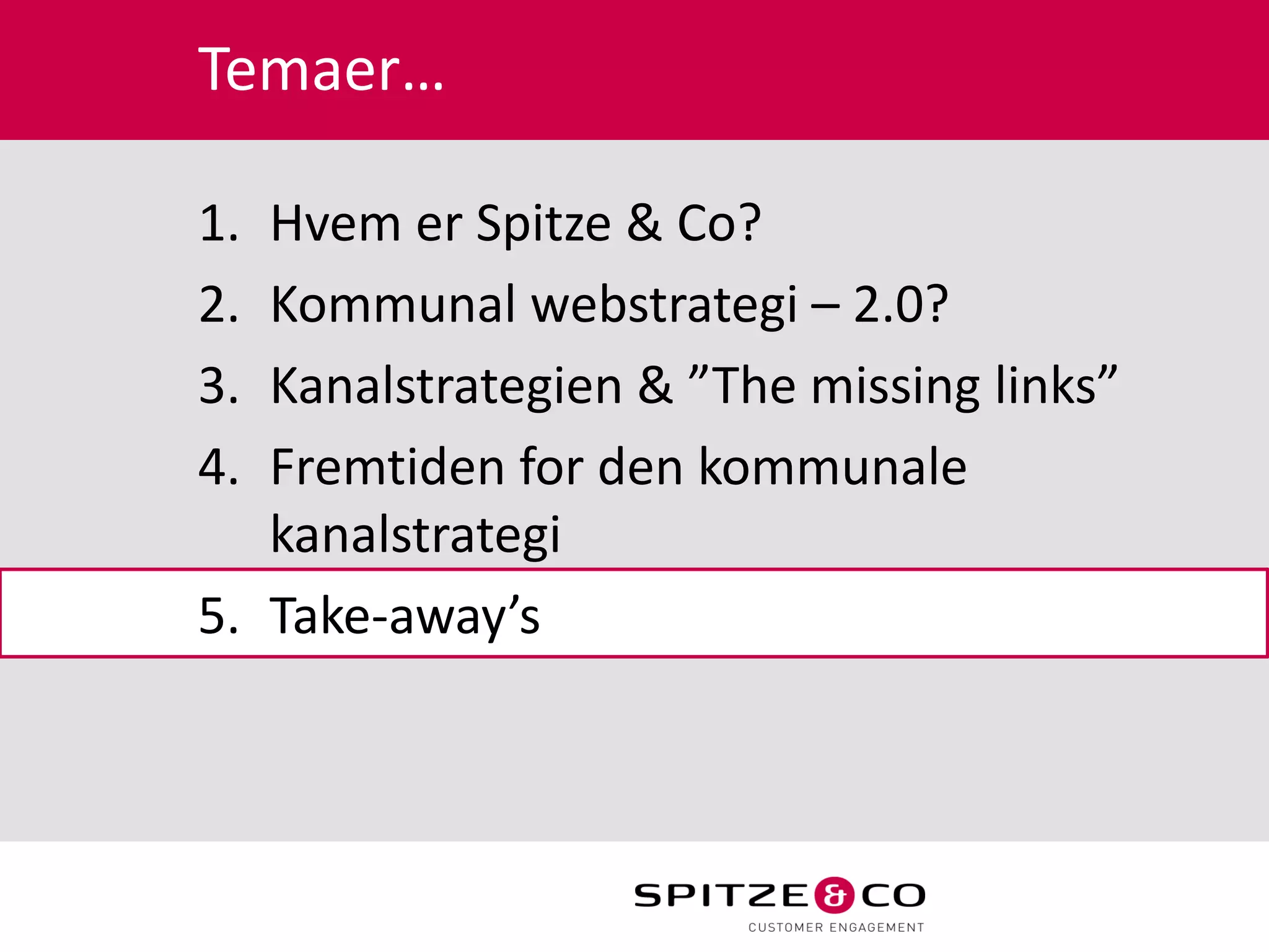 Temaer…

1. Hvem er Spitze & Co?
2. Kommunal webstrategi – 2.0?
3. Kanalstrategien & ”The missing links”
4. Fremtiden for den kommunale
   kanalstrategi
5. Take-away’s
 