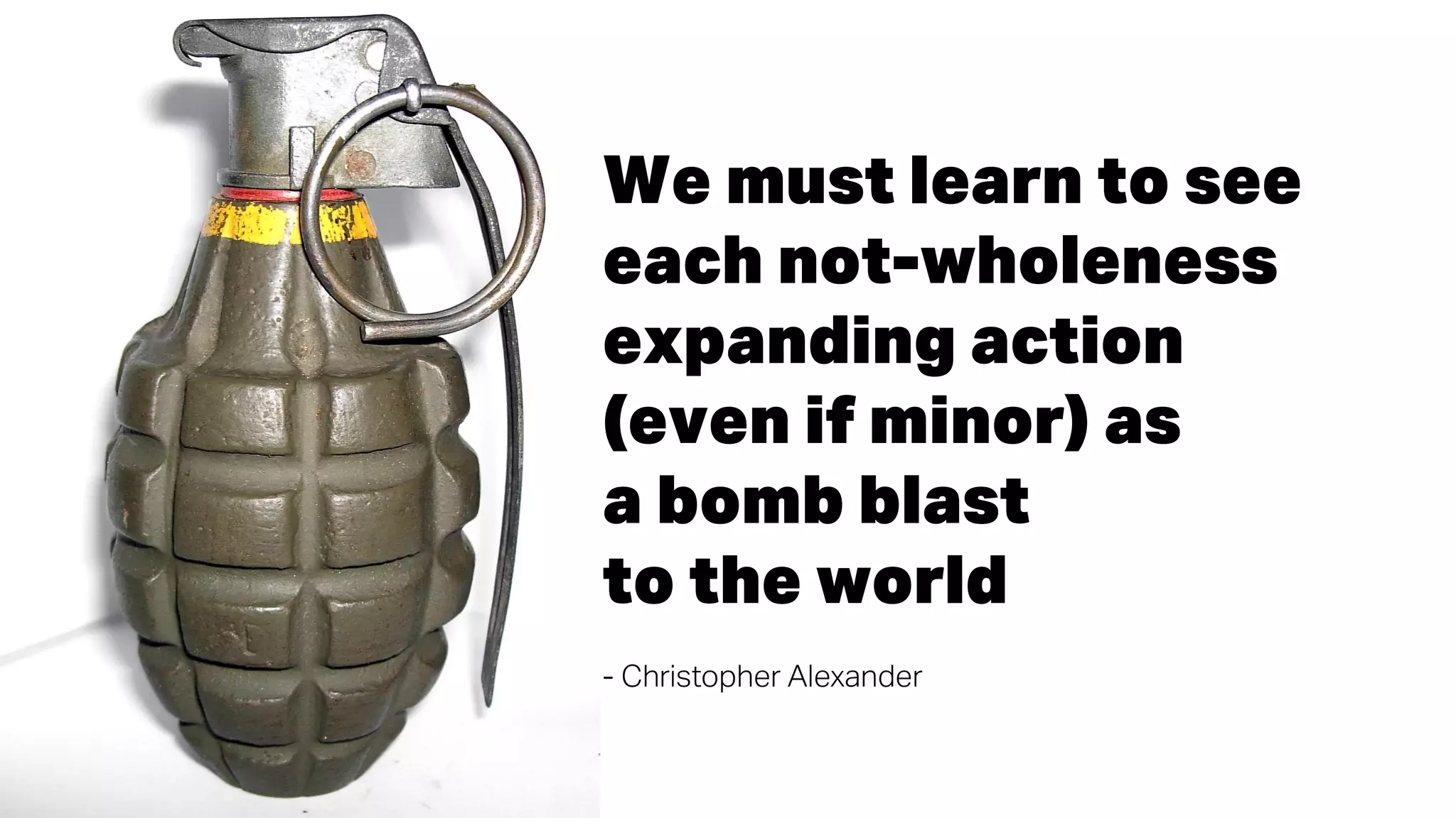 We must learn to see
each not-wholeness
expanding action
(even if minor) as
a bomb blast
to the world
- Christopher Alexander
 