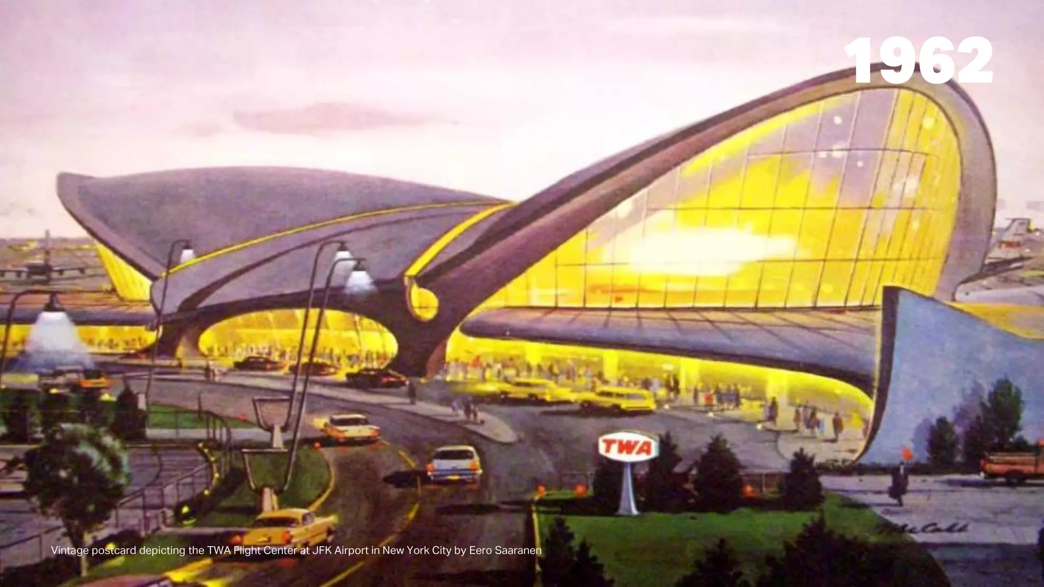 Vintage postcard depicting the TWA Flight Center at JFK Airport in New York City by Eero Saaranen
1962
 