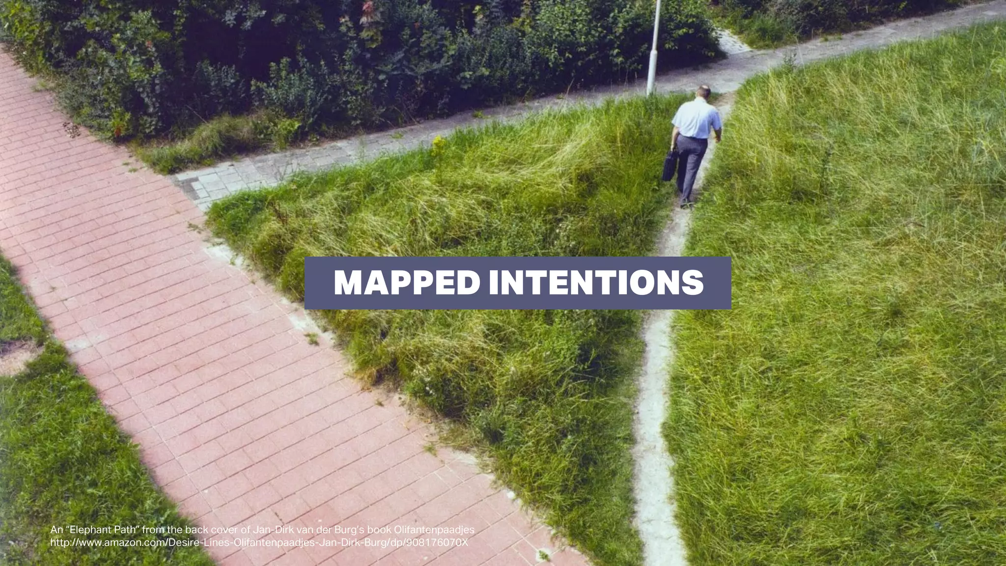MAPPED INTENTIONS
An “Elephant Path” from the back cover of Jan-Dirk van der Burg’s book Olifantenpaadjes
http://www.amazon.com/Desire-Lines-Olifantenpaadjes-Jan-Dirk-Burg/dp/908176070X
 