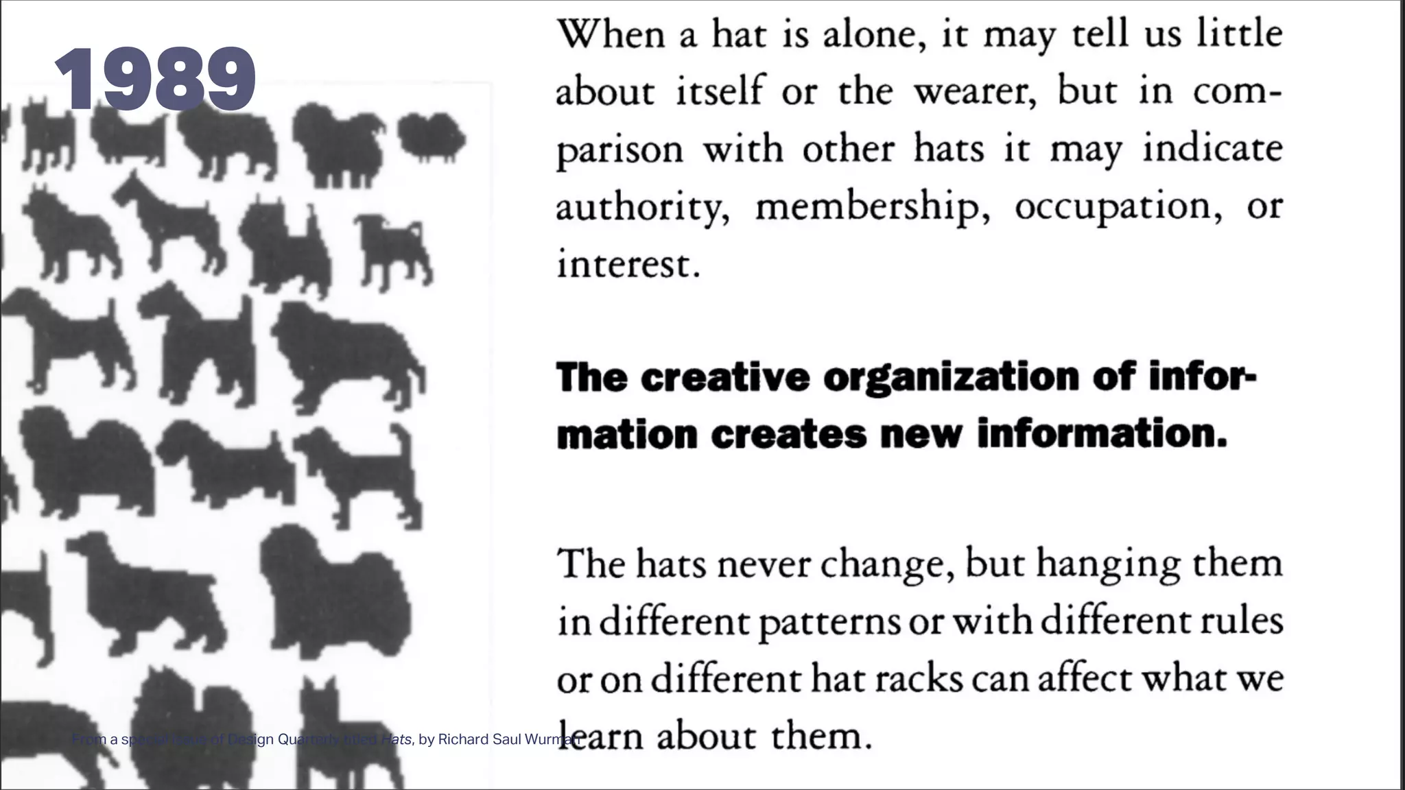 1989
From a special issue of Design Quarterly titled Hats, by Richard Saul Wurman
 