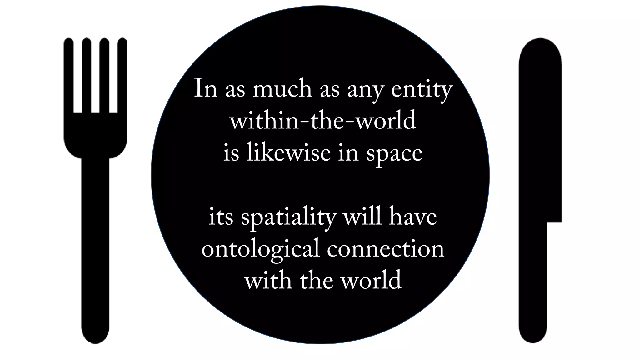 In as much as any entity
within-the-world
is likewise in space
its spatiality will have
ontological connection
with the world
 