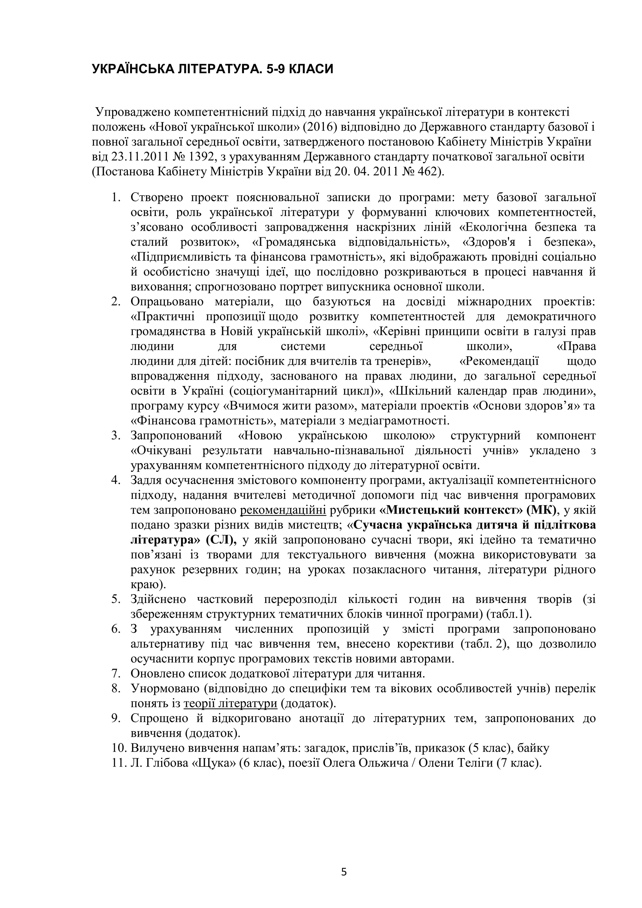 5
УКРАЇНСЬКА ЛІТЕРАТУРА. 5-9 КЛАСИ
Упроваджено компетентнісний підхід до навчання української літератури в контексті
положень «Нової української школи» (2016) відповідно до Державного стандарту базової і
повної загальної середньої освіти, затвердженого постановою Кабінету Міністрів України
від 23.11.2011 № 1392, з урахуванням Державного стандарту початкової загальної освіти
(Постанова Кабінету Міністрів України від 20. 04. 2011 № 462).
1. Створено проект пояснювальної записки до програми: мету базової загальної
освіти, роль української літератури у формуванні ключових компетентностей,
з’ясовано особливості запровадження наскрізних ліній «Екологічна безпека та
сталий розвиток», «Громадянська відповідальність», «Здоров'я і безпека»,
«Підприємливість та фінансова грамотність», які відображають провідні соціально
й особистісно значущі ідеї, що послідовно розкриваються в процесі навчання й
виховання; спрогнозовано портрет випускника основної школи.
2. Опрацьовано матеріали, що базуються на досвіді міжнародних проектів:
«Практичні пропозиції щодо розвитку компетентностей для демократичного
громадянства в Новій українській школі», «Керівні принципи освіти в галузі прав
людини для системи середньої школи», «Права
людини для дітей: посібник для вчителів та тренерів», «Рекомендації щодо
впровадження підходу, заснованого на правах людини, до загальної середньої
освіти в Україні (соціогуманітарний цикл)», «Шкільний календар прав людини»,
програму курсу «Вчимося жити разом», матеріали проектів «Основи здоров’я» та
«Фінансова грамотність», матеріали з медіаграмотності.
3. Запропонований «Новою українською школою» структурний компонент
«Очікувані результати навчально-пізнавальної діяльності учнів» укладено з
урахуванням компетентнісного підходу до літературної освіти.
4. Задля осучаснення змістового компоненту програми, актуалізації компетентнісного
підходу, надання вчителеві методичної допомоги під час вивчення програмових
тем запропоновано рекомендаційні рубрики «Мистецький контекст» (МК), у якій
подано зразки різних видів мистецтв; «Сучасна українська дитяча й підліткова
література» (СЛ), у якій запропоновано сучасні твори, які ідейно та тематично
пов’язані із творами для текстуального вивчення (можна використовувати за
рахунок резервних годин; на уроках позакласного читання, літератури рідного
краю).
5. Здійснено частковий перерозподіл кількості годин на вивчення творів (зі
збереженням структурних тематичних блоків чинної програми) (табл.1).
6. З урахуванням численних пропозицій у змісті програми запропоновано
альтернативу під час вивчення тем, внесено корективи (табл. 2), що дозволило
осучаснити корпус програмових текстів новими авторами.
7. Оновлено список додаткової літератури для читання.
8. Унормовано (відповідно до специфіки тем та вікових особливостей учнів) перелік
понять із теорії літератури (додаток).
9. Спрощено й відкориговано анотації до літературних тем, запропонованих до
вивчення (додаток).
10. Вилучено вивчення напам’ять: загадок, прислів’їв, приказок (5 клас), байку
11. Л. Глібова «Щука» (6 клас), поезії Олега Ольжича / Олени Теліги (7 клас).
 