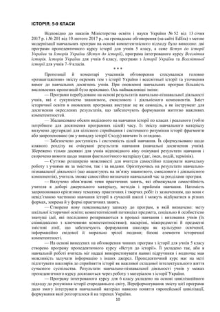 10
ІСТОРІЯ. 5-9 КЛАСИ
Відповідно до наказів Міністерства освіти і науки України № 52 від 13 січня
2017 р. і № 201 від 10 лютого 2017 р., на громадське обговорення (на сайті EdEra) з метою
модернізації навчальних програм на основі компетентнісного підходу було винесено: дві
програми пропедевтичного курсу історії для учнів 5 класу, а саме Вступ до історії
України та Історія України (Вступ до історії), програма інтегрованого курсу Всесвітня
історія. Історія України для учнів 6 класу, програми з Історії України та Всесвітньої
історії для учнів 7–9 класів.
* * *
Пропозиції й коментарі учасників обговорення стосувалися головно
«розвантаження» змісту окремих тем з історії України і всесвітньої історії та уточнення
вимог до навчальних досягнень учнів. При оновленні навчальних програм більшість
висловлених пропозицій було враховано. Ось найважливіші зміни:
— Програми перебудовано на основі результатів навчально-пізнавальної діяльності
учнів, які є сукупністю знаннєвого, смислового і діяльнісного компонентів. Зміст
історичної освіти в оновлених програмах виступає не як самоціль, а як інструмент для
досягнення окреслених результатів, що забезпечують формування життєво важливих
компетентностей.
— Збалансовано обсяги виділеного на навчання історії по класах і реального (тобто
потрібного для досягнення програмних цілей) часу. Із змісту навчального матеріалу
вилучено другорядні для цілісного сприймання і системного розуміння історії фрагменти
або запропоновано (як у випадку історії Сходу) вивчати їх оглядово.
— Забезпечено доступність і системність цілей навчання. Їх сформульовано щодо
кожного розділу як очікувані результати навчання (навчальні досягнення учнів).
Збережено тільки досяжні для учнів відповідного віку очікувані результати навчання і
скорочено вимоги щодо знання фактологічного матеріалу (дат, імен, подій, термінів).
— Суттєво розширено можливості для вчителя самостійно планувати навчальну
роботу з учнями як за змістом, так і за видами. Орієнтуючись на результати навчально-
пізнавальної діяльності (що акцентують на зв’язку знаннєвого, смислового і діяльнісного
компонентів), учитель зможе самостійно визначати навчальний час за розділами програм.
— Вилучено обов’язкові теми практичних занять, які обмежували самостійність
учителя в доборі джерельного матеріалу, методів і прийомів навчання. Натомість
запропоновано орієнтовну тематику практичних і творчих робіт із зазначенням, що вони є
невід’ємною частиною навчання історії в сучасній школі і можуть відбуватися в різних
формах, зокрема й у формі практичних занять.
— Створено нову пояснювальну записку до програм, в якій визначено: мету
шкільної історичної освіти; компетентнісний потенціал предмета, соціально й особистісно
значущі ідеї, які послідовно розкриваються в процесі навчання і виховання учнів (їх
співвіднесено з ключовими компетентностями); наскрізні, міжпредметні й предметні
змістові лінії, що забезпечують формування школяра як культурно освіченої,
інформаційно свідомої й морально зрілої людини; базові елементи історичної
компетентності.
— На основі винесених на обговорення чинних програм з історії для учнів 5 класу
створено програму пропедевтичного курсу «Вступ до історії». Її укладено так, аби в
навчальній роботі вчитель міг надалі використовувати наявні підручники і водночас мав
можливість залучати інформацію з інших джерел. Пропедевтичний курс має на меті
підготувати школярів до сприйняття історії як важливої складової інтелектуального життя
сучасного суспільства. Результати навчально-пізнавальної діяльності учнів у межах
пропедевтичного курсу досягаються через роботу з матеріалом з історії України.
— Програму інтегрованого курсу для 6 класу укладено на основі цивілізаційного
підходу до розуміння історії стародавнього світу. Переформатування змісту цієї програми
дало змогу інтегрувати навчальний матеріал навколо поняття європейської цивілізації,
формування якої розгорталося й на теренах України.
 