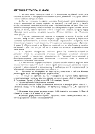 8
ЗАРУБІЖНА ЛІТЕРАТУРА. 5-9 КЛАСИ
1. Імплементовано компетентнісний підхід до вивчення зарубіжної літератури в
контексті положень «Нової української школи» згідно з Державним стандартом базової
і повної загальної середньої освіти.
2. Під час оновлення програми враховано Рекомендації щодо впровадження
підходу, заснованого на правах людини, до загальної середньої освіти в Україні
(соціогуманітарний цикл) Організації безпеки та співробітництва в Європі, Практичні
пропозиції щодо розвитку компетентностей для демократичного громадянства в Новій
українській школі, Керівні принципи освіти в галузі прав людини, програму курсу
«Вчимося жити разом», матеріали проектів «Основи здоров’я» та «Фінансова
грамотність».
3. У проекті пояснювальної записки до програми визначено ієрархію цілей
навчання, мету базової загальної освіти,роль зарубіжної літератури у формуванні
ключових компетентностей, з’ясовано особливості запровадження наскрізних ліній
«Екологічна безпека та сталий розвиток», «Громадянська відповідальність», «Здоров'я і
безпека» й «Підприємливість та фінансова грамотність», які відображають провідні
соціально й особистісно значущі ідеї, що послідовно розкриваються у процесі навчання
й виховання.
4. У програмі виокремлено очікувані результати навчально-пізнавальної
діяльності учнів (за розділами), з’ясовано особливості реалізації ключових
компетентностей та предметних компетентностей. Предметні компетентності є
багатокомпонентним утворенням, основними складниками якого є знаннєвий,
діяльнісний і ціннісний компоненти.
5. Спрогнозовано портрет випускника основної школи, патріота України, який
поважає історію і культуру своєї та інших країн, вільно володіє державною мовою,
активний і відповідальний у громадському й особистому житті, підприємливий та
ініціативний, дотримується здорового способу життя.
6. Пропозиції до обговорення на групі було узагальнено за змістом. Рішення
робочої групи щодо кожної пропозиції аргументовано.
7. З огляду на одержані під час обговорення на порталі EdEra пропозиції
розширено список творів для альтернативного вивчення: додано «Снігову королеву» Г.
К. Андерсена у 5 класі, «Собаче серце» М. О. Булгакова у 9 класі.
8. Додано рубрику «Міжпредметні зв’язки».
9. Розширено список творів для вивчення напам’ять за вибором учнів: байка І. А.
Крилова у 6 класі, сонети В. Шекспіра і Ф. Петрарки у 8 класі, поезії О. С. Пушкіна у 9
класі.
10. До списку додаткового читання додано. «Мій дідусь був черешнею» А. Нанетті,
«Чи вмієш ти свистати, Юганно?» У. Cтарка.
11. Спрощено формулювання окремих державних вимог літературознавчої лінії з
метою урахування вікових особливостей учнів.
 