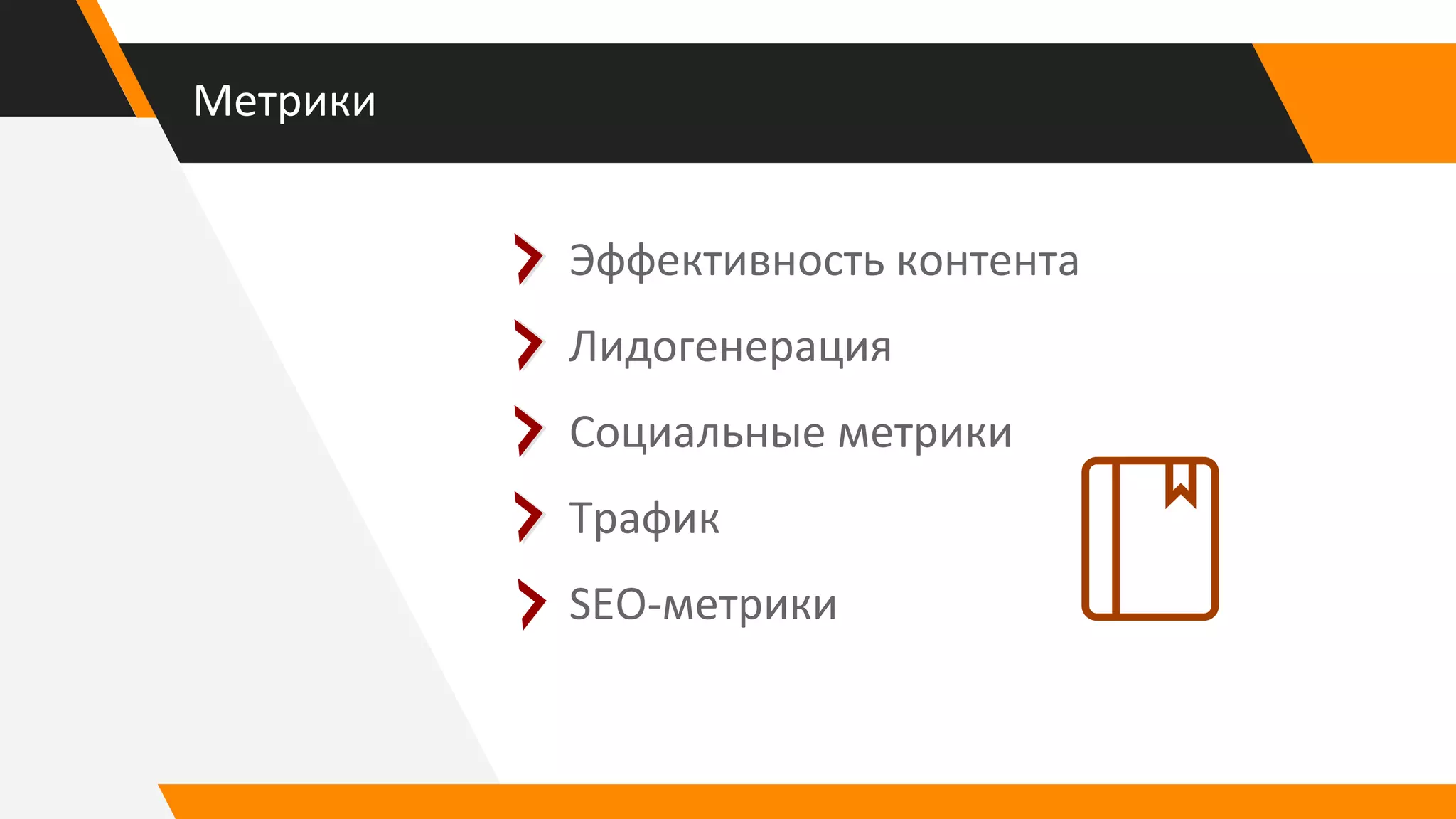 Метрики
КАЧЕСТВО
Эффективность контента
Лидогенерация
Социальные метрики
Трафик
SEO-метрики
 