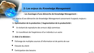 - Les Avantages d’une démarche de Knowledge Management :
Les enjeux d’une démarche de Knowledge Management concernent 4 aspects majeurs :
1- Optimisation de la production / Augmentation de la productivité :
 En évitant de reproduire des erreurs déjà commises
 En transférant de l’expérience d’un individu à un autre
2- Aide à la décision :
 l’échange de multiples sources d’information et de points de vue
 l’écoute du client
 l’anticipation des besoins
21
2- Les enjeux du Knowledge Management:
 