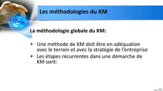 Les méthodologies du KM
La méthodologie globale du KM:
+ Une méthode de KM doit être en adéquation
avec le terrain et avec la stratégie de l’entreprise
+ Les étapes récurrentes dans une démarche de
KM sont:
28
 