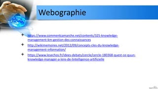 Webographie
+ https://www.commentcamarche.net/contents/325-knowledge-
management-km-gestion-des-connaissances
+ http://wikimemoires.net/2012/09/concepts-cles-du-knowledge-
management-information/
+ https://www.lesechos.fr/idees-debats/cercle/cercle-180368-quest-ce-quun-
knowledge-manager-a-lere-de-lintelligence-artificielle
41
 