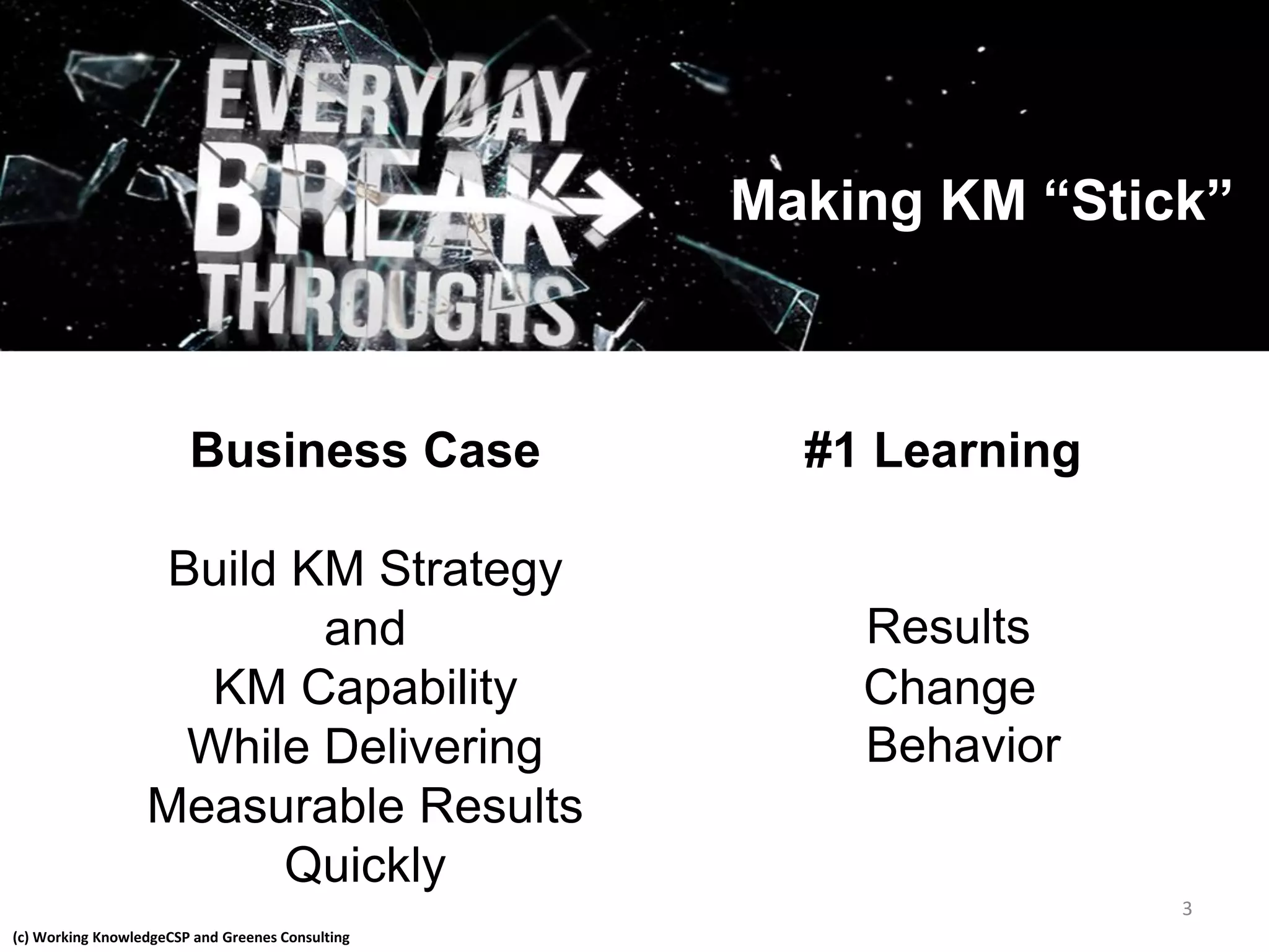 (c) Working KnowledgeCSP and Greenes Consulting
Business Case
Build KM Strategy
and
KM Capability
While Delivering
Measurable Results
Quickly
Making KM “Stick”
3
#1 Learning
Results
Change
Behavior
 