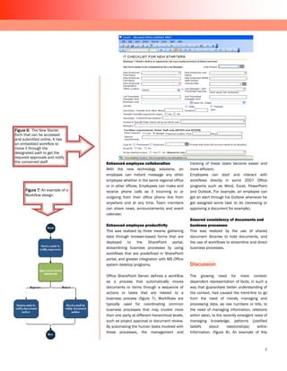 Figure 6: The New Starter
form that can be accessed
and submitted online. It has
an embedded workflow to
move it through the
designated path to get the
required approvals and notify
the concerned staff               Enhanced employee collaboration                    tracking of these tasks become easier and
                                  With the new technology solutions, an              more efficient.
                                  employee can instant message any other             Employees can start and interact with
                                  employee whether in the same regional office       workflows directly in some 2007 Office
                                  or in other offices. Employees can make and        programs such as Word, Excel, PowerPoint
      Figure 7: An example of a   receive phone calls as if incoming to or           and Outlook. For example, an employee can
      Workflow design
                                  outgoing from their office phone line from         get an alert through his Outlook whenever he
                                  anywhere and at any time. Team members             got assigned some task to do (reviewing or
                                  can share news, announcements and event            approving a document for example).
                                  calendar.
                                                                                     Ensured consistency of documents and
                                  Enhanced employee productivity                     business processes
                                  This was realized by three means: gathering        This was realized by the use of shared
                                  data through browser-based forms that are          document libraries to hold documents, and
                                  deployed to the SharePoint portal,                 the use of workflows to streamline and direct
                                  streamlining business processes by using           business processes.
                                  workflows that are predefined in SharePoint
                                  portal, and greater integration with MS Office
                                  system desktop programs.                           Discussion

                                  Office SharePoint Server defines a workflow        The growing need for more context-
                                  as a process that automatically moves              dependent representation of facts, in such a
                                  documents or items through a sequence of           way that guarantees better understanding of
                                  actions or tasks that are related to a             the context, had caused the trend-line to go
                                  business process (figure 7). Workflows are         from the need of merely managing and
                                  typically used for coordinating common             processing data, as raw numbers or bits, to
                                  business processes that may involve more           the need of managing information, relations
                                  than one party at different hierarchical levels,   within data), to the recently emergent need of
                                  such as project approval or document review.       managing knowledge, patterns (justified
                                  By automating the human tasks involved with        beliefs    about       relationships)   within
                                  those processes, the management and                Information, (figure 8). An example of this



                                                                                                                                 7
 