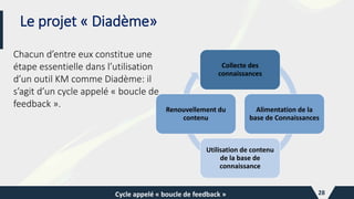 Collecte des
connaissances
Alimentation de la
base de Connaissances
Utilisation de contenu
de la base de
connaissance
Renouvellement du
contenu
Cycle appelé « boucle de feedback » 28
Chacun d’entre eux constitue une
étape essentielle dans l’utilisation
d’un outil KM comme Diadème: il
s’agit d’un cycle appelé « boucle de
feedback ».
Le projet « Diadème»
 
