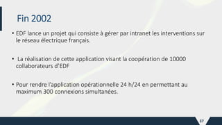 Fin 2002
• EDF lance un projet qui consiste à gérer par intranet les interventions sur
le réseau électrique français.
• La réalisation de cette application visant la coopération de 10000
collaborateurs d’EDF
• Pour rendre l’application opérationnelle 24 h/24 en permettant au
maximum 300 connexions simultanées.
37
 