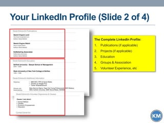 Your LinkedIn Profile (Slide 2 of 4)
The Complete LinkedIn Profile:
1. Publications (if applicable)
2. Projects (if applic...