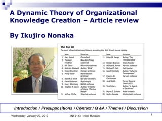 A Dynamic Theory of Organizational Knowledge Creation – Article review By Ikujiro Nonaka Wednesday, January 20, 2010 INF2183 - Noor Hussain 