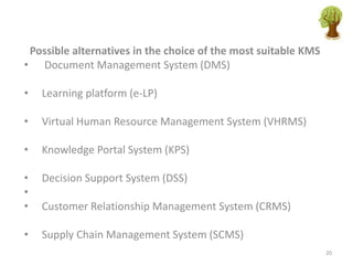 Possible alternatives in the choice of the most suitable KMS
• Document Management System (DMS)
• Learning platform (e-LP)
• Virtual Human Resource Management System (VHRMS)
• Knowledge Portal System (KPS)
• Decision Support System (DSS)
•
• Customer Relationship Management System (CRMS)
• Supply Chain Management System (SCMS)
20
 