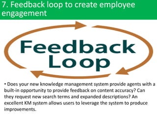 7. Feedback loop to create employee
engagement
• Does your new knowledge management system provide agents with a
built-in opportunity to provide feedback on content accuracy? Can
they request new search terms and expanded descriptions? An
excellent KM system allows users to leverage the system to produce
improvements.
 