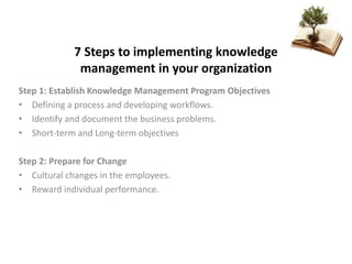 7 Steps to implementing knowledge
management in your organization
Step 1: Establish Knowledge Management Program Objectives
• Defining a process and developing workflows.
• Identify and document the business problems.
• Short-term and Long-term objectives
Step 2: Prepare for Change
• Cultural changes in the employees.
• Reward individual performance.
 
