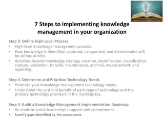 7 Steps to implementing knowledge
management in your organization
Step 3: Define High-Level Process
• High-level knowledge management process.
• How knowledge is identified, captured, categorized, and disseminated will
be ad hoc at best.
• Activities include knowledge strategy, creation, identification, classification,
capture, validation, transfer, maintenance, archival, measurement, and
reporting.
Step 4: Determine and Prioritize Technology Needs
• Prioritize your knowledge management technology needs.
• Understand the cost and benefit of each type of technology and the
primary technology providers in the marketplace.
Step 5: Build a Knowledge Management Implementation Roadmap
• Re-confirm senior leadership's support and commitment
• Specify gaps identified by the assessment.
 
