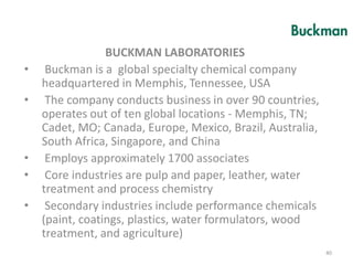 BUCKMAN LABORATORIES
• Buckman is a global specialty chemical company
headquartered in Memphis, Tennessee, USA
• The company conducts business in over 90 countries,
operates out of ten global locations - Memphis, TN;
Cadet, MO; Canada, Europe, Mexico, Brazil, Australia,
South Africa, Singapore, and China
• Employs approximately 1700 associates
• Core industries are pulp and paper, leather, water
treatment and process chemistry
• Secondary industries include performance chemicals
(paint, coatings, plastics, water formulators, wood
treatment, and agriculture)
40
 