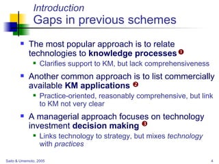 Introduction Gaps in previous schemes  The most popular approach is to relate technologies to  knowledge processes Clarifies support to KM, but lack comprehensiveness Another common approach is to list commercially available  KM applications Practice-oriented, reasonably comprehensive, but link to KM not very clear A managerial approach focuses on technology investment  decision making Links technology to strategy, but mixes  technology  with  practices    