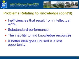 Inefficiencies that result from intellectual work. Substandard performance  The inability to find knowledge resources A better idea goes unused is a lost opportunity Problems Relating to Knowledge (cont’d) 