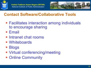Contact Software/Collaborative Tools Facilitates interaction among individuals to encourage sharing Email Intranet chat rooms Whiteboards Blogs Virtual conferencing/meeting Online Community 