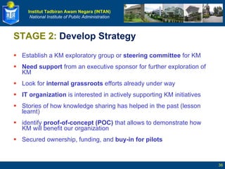STAGE 2:  Develop Strategy  Establish a KM exploratory group or  steering committee  for KM Need support  from an executive sponsor for further exploration of KM Look for  internal grassroots  efforts already under way  IT organization  is interested in actively supporting KM initiatives Stories of how knowledge sharing has helped in the past (lesson learnt) identify  proof-of-concept (POC)  that allows to demonstrate how KM will benefit our organization  Secured ownership, funding, and  buy-in for pilots  