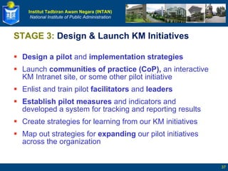 STAGE 3:  Design & Launch KM Initiatives  Design a pilot  and  implementation strategies Launch  communities of practice (CoP),  an interactive KM Intranet site, or some other pilot initiative  Enlist and train pilot  facilitators  and  leaders  Establish pilot measures  and indicators and developed a system for tracking and reporting results Create strategies for learning from our KM initiatives Map out strategies for  expanding  our pilot initiatives across the organization  