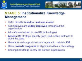 STAGE 5:  Institutionalize Knowledge Management  KM is directly  linked to business model KM initiatives are  widely deployed  throughout the organization  All staffs are trained to use KM technologies Assess  KM strategy, identify gaps, and outline methods to close the gaps Have a formal support structure in place to maintain KM.  Have  rewards programs  in alignment with our KM strategy Sharing knowledge is now the norm in organization  