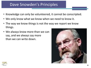 Dave Snowden’s Principles
• Knowledge can only be volunteered, it cannot be conscripted.
• We only know what we know when we need to know it.
• The way we know things is not the way we report we know
things.
• We always know more than we can
say, and we always say more
than we can write down.
25
 