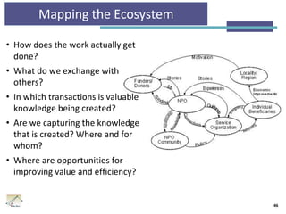 Mapping the Ecosystem
• How does the work actually get
done?
• What do we exchange with
others?
• In which transactions is valuable
knowledge being created?
• Are we capturing the knowledge
that is created? Where and for
whom?
• Where are opportunities for
improving value and efficiency?
46
 