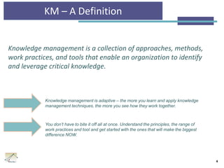 KM – A Definition
Knowledge management is a collection of approaches, methods,
work practices, and tools that enable an or...