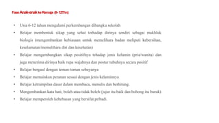 FaseAnak-anakkeRemaja (6-12Thn)
• Usia 6-12 tahun mengalami perkembangan dibangku sekolah
• Belajar membentuk sikap yang sehat terhadap dirinya sendiri sebagai makhluk
biologis (mengembankan kebiasaan untuk memelihara badan meliputi kebersihan,
keselamatan/memelihara diri dan kesehatan)
• Belajar mengembangkan sikap positifnya tehadap jenis kelamin (pria/wanita) dan
juga menerima dirinya baik rupa wajahnya dan postur tubuhnya secara positif
• Belajar bergaul dengan teman-teman sebayanya
• Belajar memainkan peranan sesuai dengan jenis kelaminnya
• Belajar ketrampilan dasar dalam membaca, menulis dan berhitung.
• Mengembankan kata hati; boleh atau tidak boleh (jujur itu baik dan bohong itu buruk)
• Belajar memperoleh kebebasan yang bersifat pribadi.
 