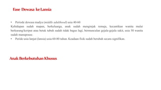 Fase Dewasa keLansia
• Periode dewasa madya (middle adulthood) usia 40-60
Kehidupan sudah mapan, berkeluarga, anak sudah menginjak remaja, kecantikan wanita mulai
berkurang/keriput atau betuk tubuh sudah tidak bagus lagi, bermunculan gejala-gejala sakit, usia 50 wanita
sudah manupouse.
• Peride usia lanjut (lansia) usia 60-80 tahun. Keadaan fisik sudah berubah secara signifikan.
AnakBerkebutuhanKhusus
 