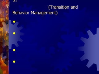 1. การจัดการการเปลี่ยนแปลงและพฤติกรรม (Transition and Behavior Management)องค์กรควรที่จะทำการเปลี่ยนแปลงแบบค่อยเป็นค่อยไป เน้นในเรื่องการปรับเปลี่ยนพฤติกรรมของคนในองค์กรให้มีการแลกเปลี่ยนความรู้ โดยการส่งเสริมและสนับสนุนอย่างต่อเนื่องควรเริ่มต้นจากผู้บริหารก่อนและขยายผลออกไปสู่บุคลากรใน     ทุกระดับผู้บริหารระดับสูงต้องให้การสนับสนุนอย่างเต็มที่ รวมถึงมีส่วนร่วมกับกิจกรรมต่างๆ อย่างสม่ำเสมอจัดตั้งทีมงานเพื่อทำหน้าที่ดำเนินการวางแผนและจัดกิจกรรมต่างๆ