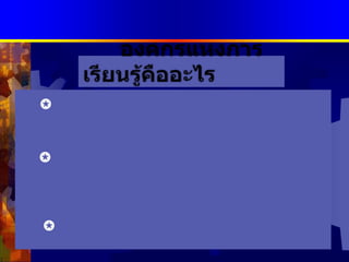 การจัดการความรู้แบบบูรณาการองค์กรแห่งการเรียนรู้คืออะไร✪  องค์กรที่ ประกอบด้วยคน ที่มีความมุ่งมั่นที่จะขยายขีดความสามารถของตนผ่านกระบวนการเรียนรู้ร่วมกันเป็นทีมอย่างต่อเนื่อง  ✪  องค์กรที่มี บรรยากาศที่เอื้อต่อการเรียนรู้  รวมทั้งมีการจัดหา  สร้าง   ถ่ายโอนความรู้  และการเปลี่ยนแปลงพฤติกรรมอันเป็นผลมาจากการใช้ความรู้ใหม่ ๆ    ✪  ใช้แนวคิด การจัดการความรู้และเทคโนโลยีที่ทันสมัย  เพื่อสร้างองค์ความรู้หรือนวัตกรรมที่มีคุณค่าต่อตนเอง  ทีมงาน  และองค์กร  ✪  มีเป้าหมายเพื่อให้เป็น องค์กรที่มีคุณภาพ และสามารถดำรงอยู่ได้ในสภาวะแวดล้อมที่เปลี่ยนแปลงอยู่ตลอดเวลาของสังคมโลกได้อย่างสง่างาม