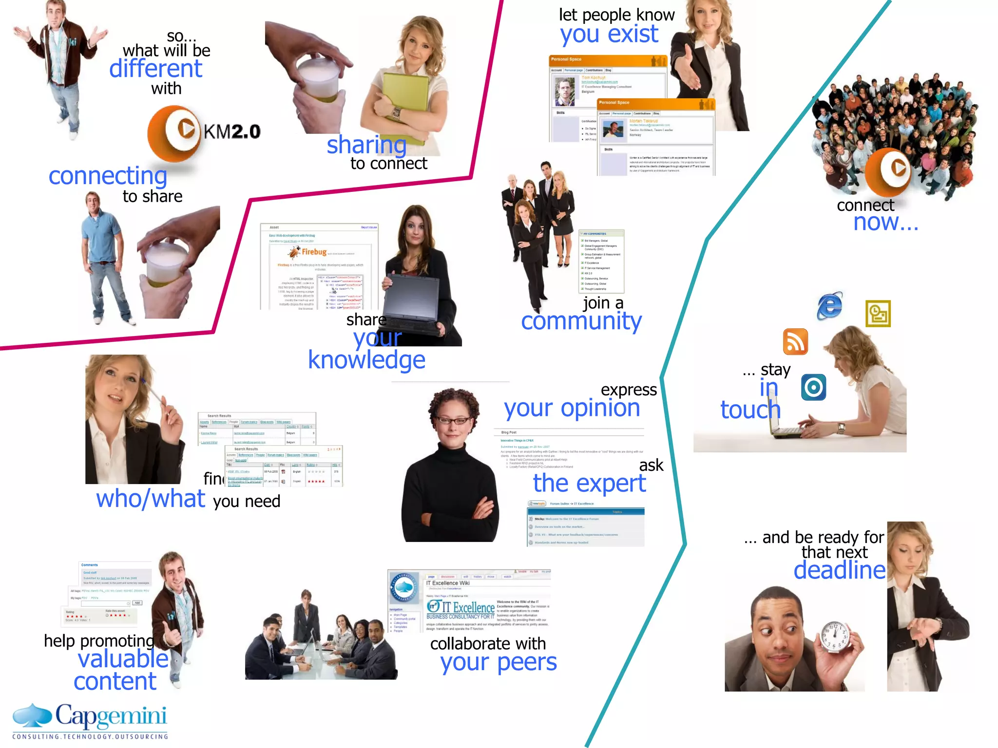 express your opinion ask the expert   let people know   you exist share your knowledge find   who/what  you need help promoting     valuable   content join a  community   so… what will be  different with sharing to connect …  stay   in touch …  and be ready for   that next   deadline collaborate with   your peers connect   now… connecting     to share 