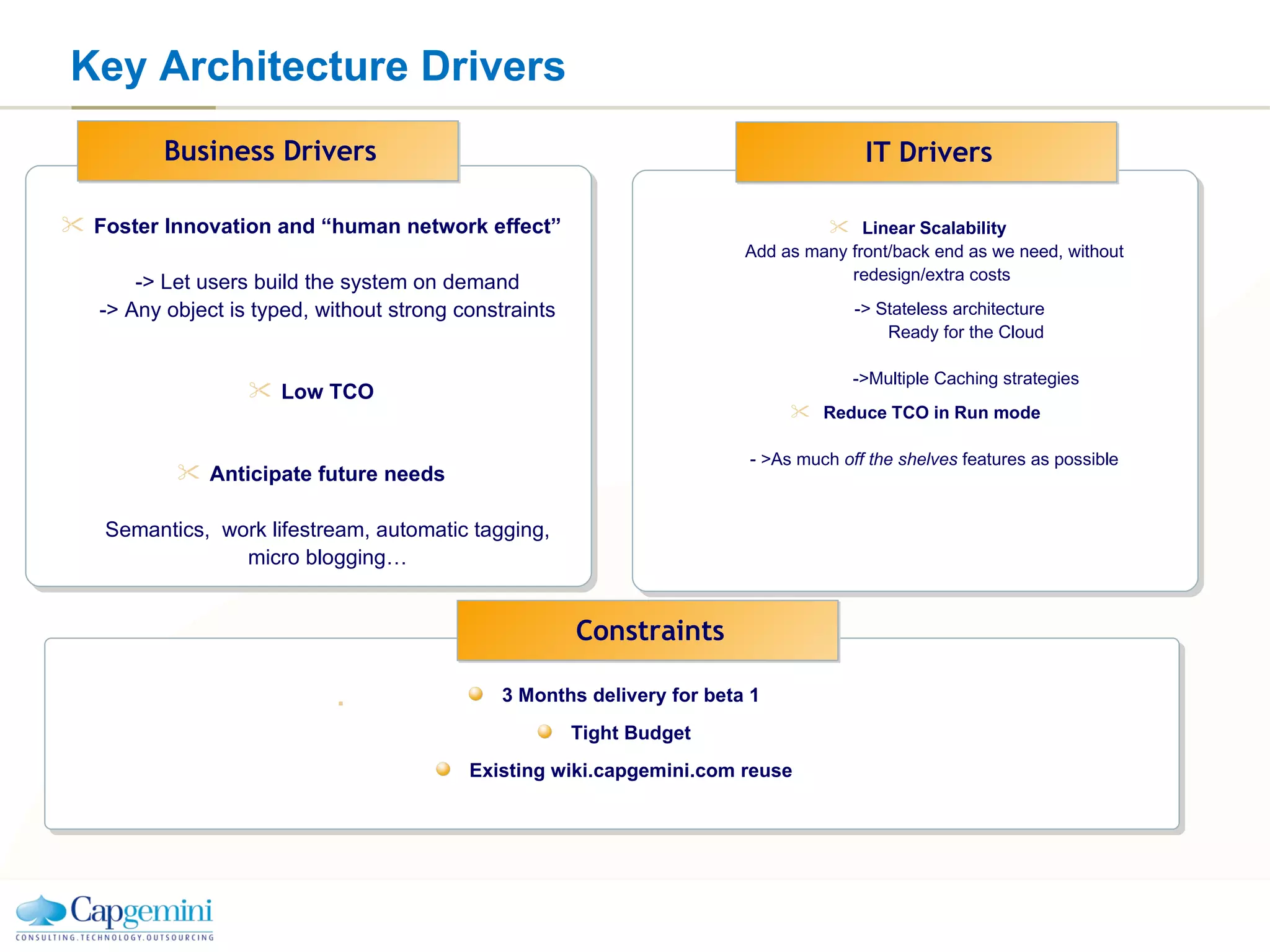 Key Architecture Drivers 3 Months delivery for beta 1 Tight Budget Existing wiki.capgemini.com reuse Constraints Foster Innovation and “human network effect” -> Let users build the system on demand -> Any object is typed, without strong constraints Low TCO Anticipate future needs Semantics,  work lifestream, automatic tagging, micro blogging… Linear Scalability Add as many front/back end as we need, without redesign/extra costs  -> Stateless architecture Ready for the Cloud ->Multiple Caching strategies Reduce TCO in Run mode  - >As much  off the shelves  features as possible IT Drivers Business Drivers 