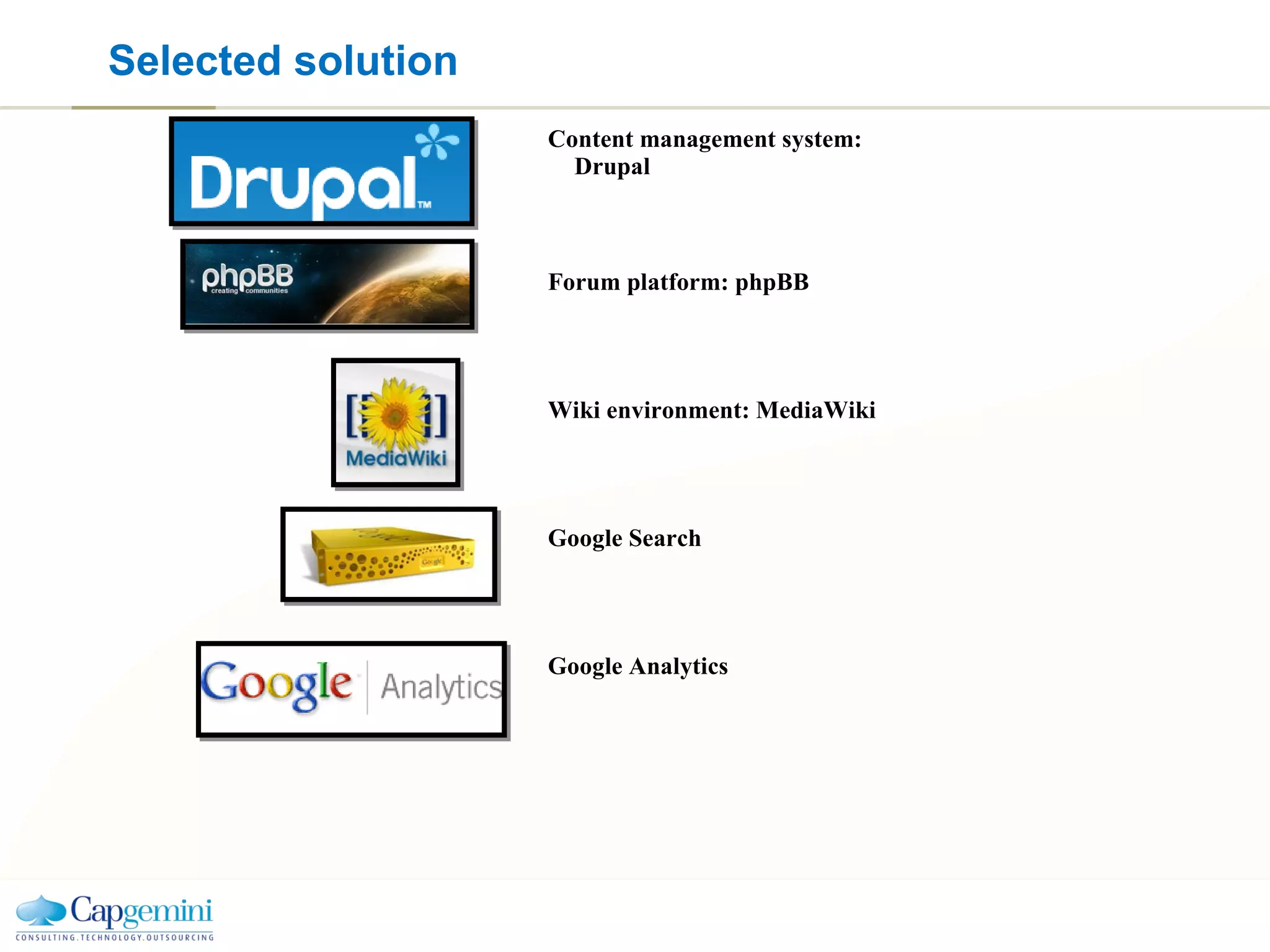 Selected solution Content management system: Drupal Forum platform: phpBB Wiki environment: MediaWiki Google Search Google Analytics 