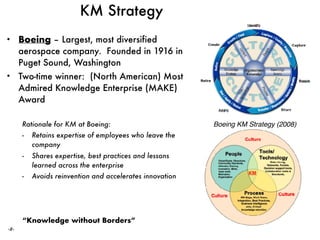 ‹#›
KM Strategy
• Boeing – Largest, most diversified
aerospace company. Founded in 1916 in
Puget Sound, Washington
• Two-time winner: (North American) Most
Admired Knowledge Enterprise (MAKE)
Award
Boeing KM Strategy (2008)Rationale for KM at Boeing:
- Retains expertise of employees who leave the
company
- Shares expertise, best practices and lessons
learned across the enterprise
- Avoids reinvention and accelerates innovation
“Knowledge without Borders”
 