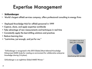 ‹#›
Expertise Management
• Schlumberger
• World’s largest oilfield services company, offers professional consulting to energy firms
• Deployed Knowledge Hub for oilfield personnel in 1999
• Capture, share, and apply expertise worldwide
• Take advantage of new measurements and techniques in real time
• Consistently apply the best drilling solutions and practices
• Reduce learning time
• “Just-in-time, just enough, and just for me.”
“Schlumberger is recognized in the 2013 Global [Most Admired Knowledge
Enterprises] MAKE study for creating an environment for collaborative enterprise
knowledge sharing (1st place).
Schlumberger is an eight-time Global MAKE Winner.”
 