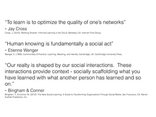 “To learn is to optimize the quality of one’s networks”  
- Jay Cross 
Cross, J. (2010). Working Smarter: Informal Learning in the Cloud. Berkeley, CA: Internet Time Group.
“Human knowing is fundamentally a social act”  
- Etienne Wenger 
Wenger, E. (1999). Communities of Practice: Learning, Meaning, and Identity. Cambridge, UK: Cambridge University Press.
“Our realty is shaped by our social interactions. These
interactions provide context - socially scaffolding what you
have learned with what another person has learned and so
on.”  
- Bingham & Conner 
Bingham, T., & Conner, M. (2010). The New Social Learning: A Guide to Transforming Organizations Through Social Media. San Francisco, CA: Berret-
Koehler Publishers, Inc.
 
