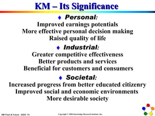 KM – Its Significance   Personal : Improved earnings potentials More effective personal decision making Raised quality of life  Industrial : Greater competitive effectiveness Better products and services Beneficial for customers and consumers  Societal : Increased progress from better educated citizenry Improved social and economic environments  More desirable society 