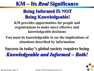 KM – Its  Real  Significance KM provides opportunities for people and organizations to make more effective and knowledgeable decisions You must be knowledgeable to see the implications of situations described by information Being Informed IS NOT Being Knowledgeable! Success in today’s global society requires being Knowledgeable and Informed – Both! 